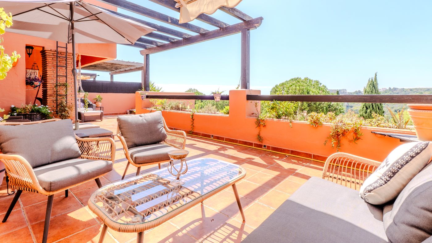 Terrace with outdoor sofas, planters and pergola